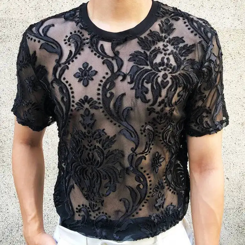Sexy T-Shirt Met Ronde Hals Zacht Fluwelen Slanke Herenkleding Nachtclub Met Korte Mouwen, Transparant Bloemenshirt Van Topkwaliteit Doorschijnend - afbeelding 1