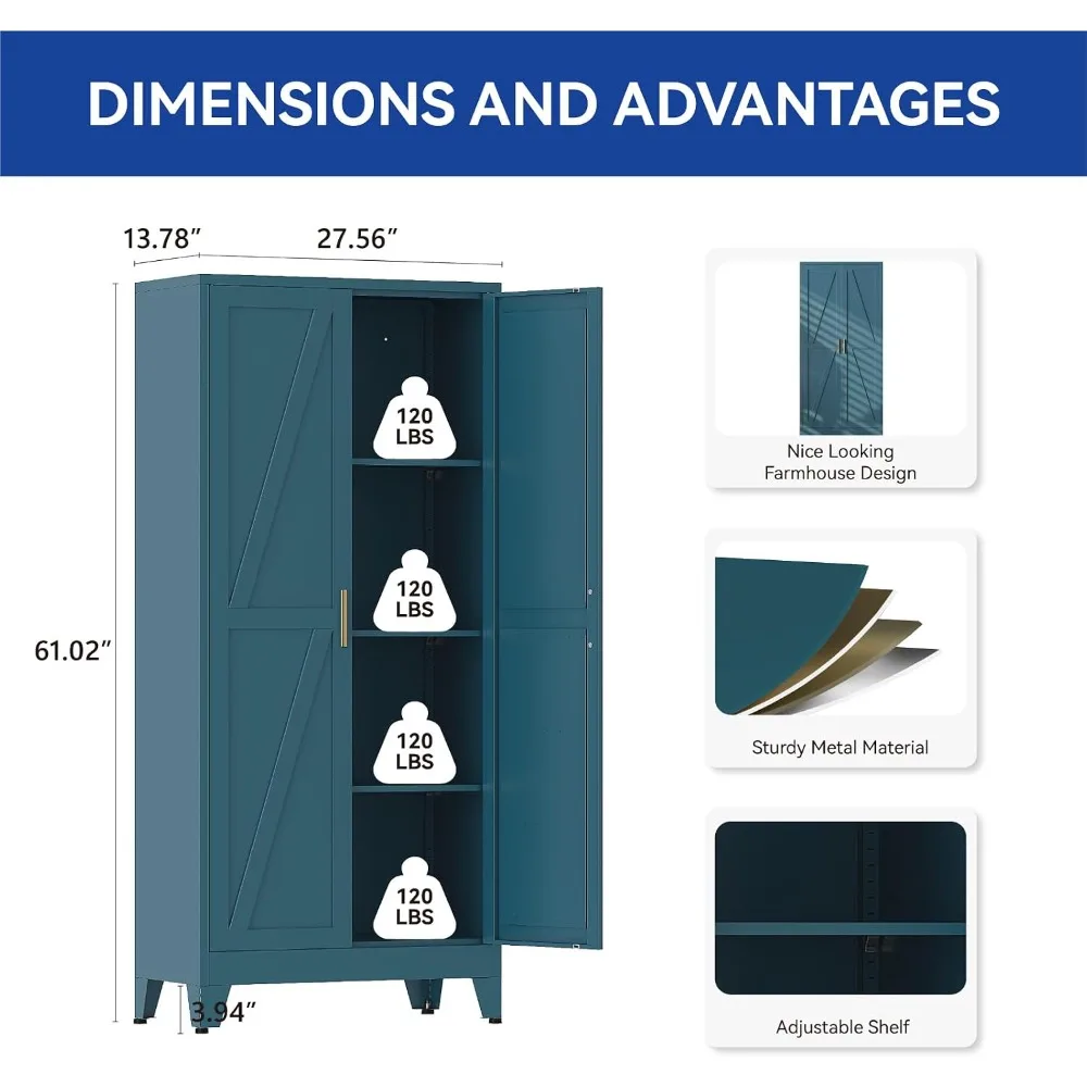 61'' Tall Metal Storage Cabinet Farmhouse Pantry with Doors 3 Adjustable Shelves Peacock Blue 4-Tier