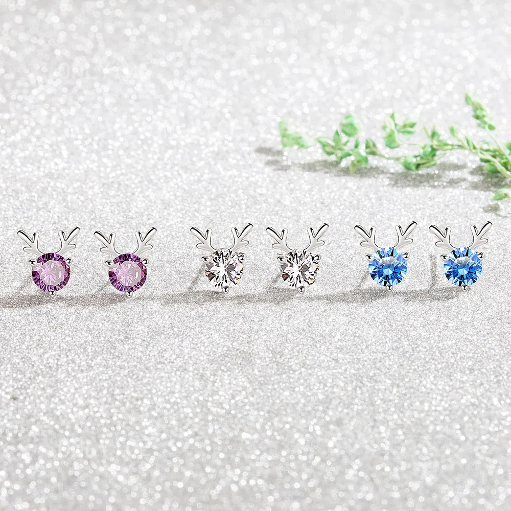 

925 Sterling Silver White/Purple/Blue Deer Antler Stud Earrings For Women Jewelry Unique Fashion Party Engagement Accessories