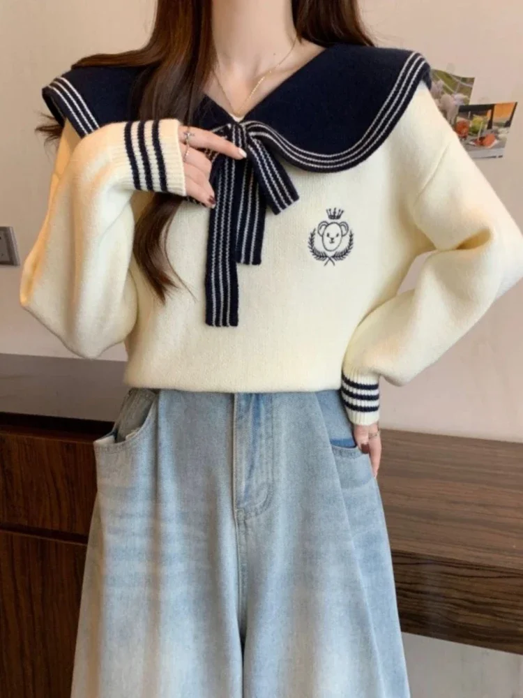 Pulôveres de manga comprida estilo preppy feminino, gola marinheiro, listrado, cor de contraste, suéteres soltos casuais, moda feminina, roupas doces, 2024