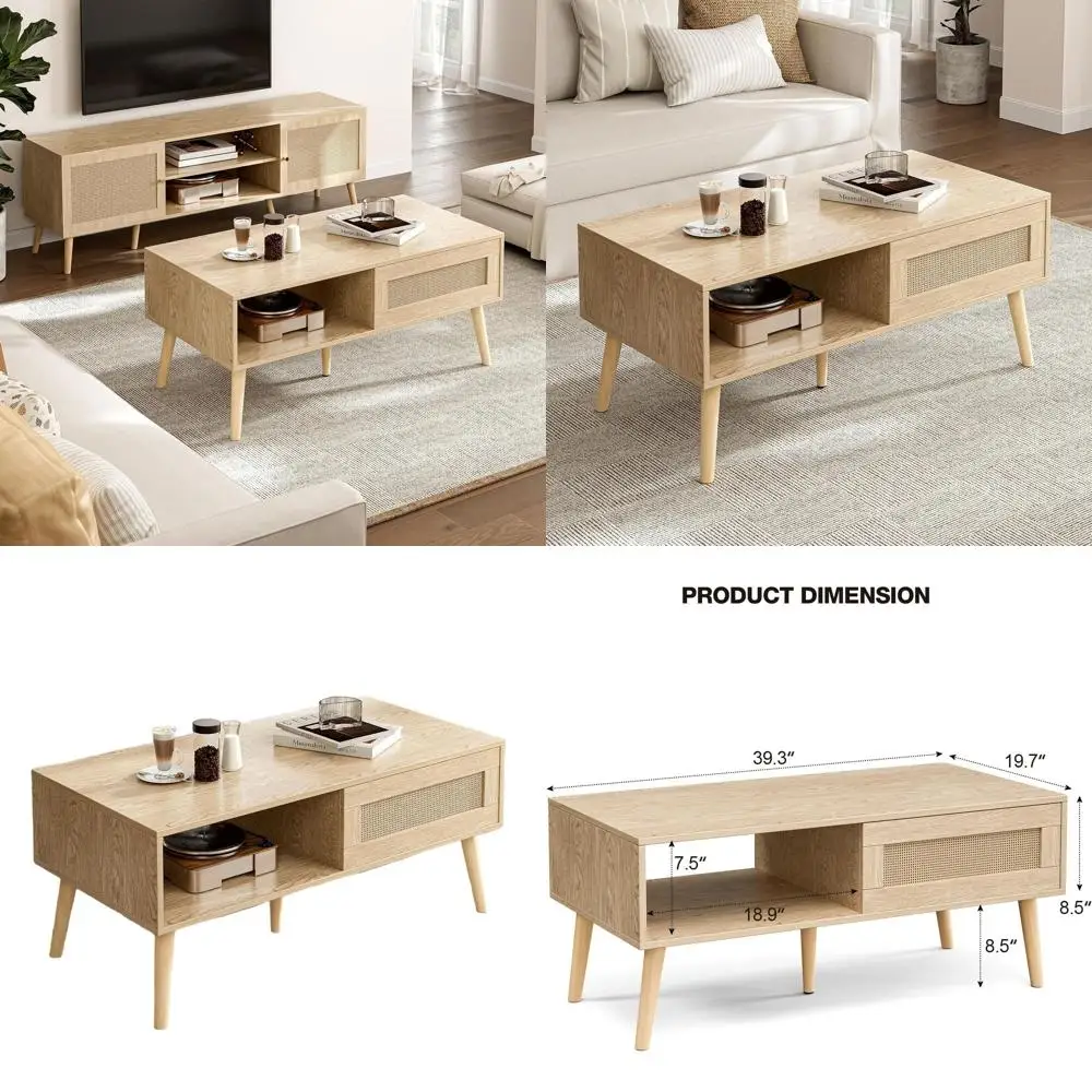 

Bohemian Storage Coffee Table with Sliding Door, Solid Oak Legs, Ideal for Living Spaces