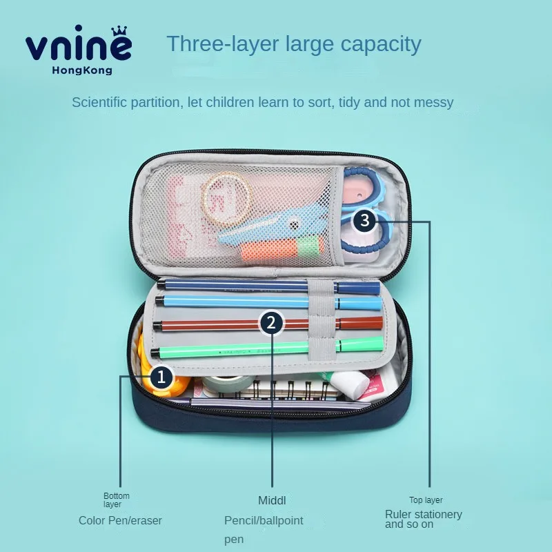 VNINE-Bolsa de lápices de escuela primaria para niñas, caja de papelería multifuncional de estilo inglés, caja de lápices de gran capacidad, Simple para niños