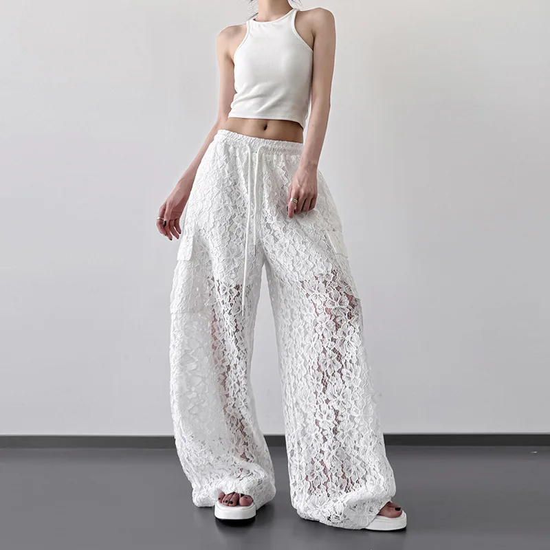 여성용 화이트 할로우 레이스 캐주얼 팬츠 2025 여름 신상 와이드 레그 팬츠