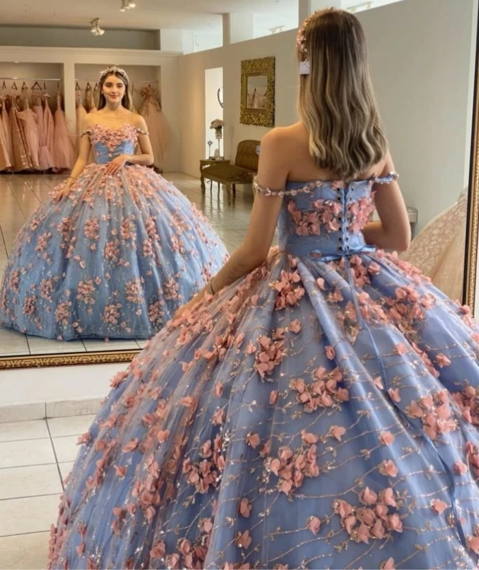 Princesa Quinceanera vestido de tule sem ombro, vestido floral de baile, 16 vestidos, 15 anos, personalizado