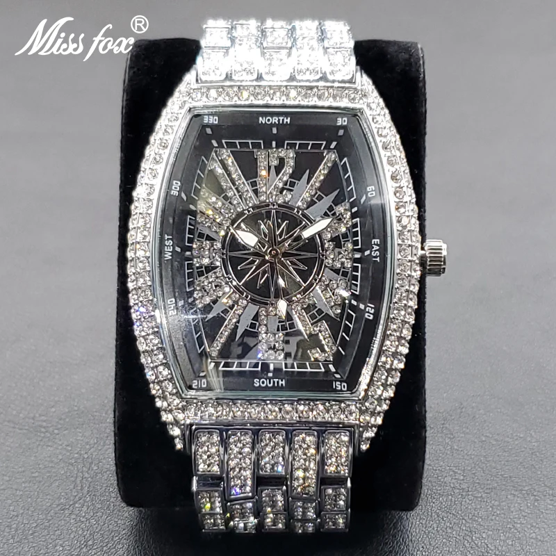 

New Luxury Watch For Men Fashion Tonneau Fully Diamond Quartz Watches Waterproof Hip Hop Rapper Iced Out Male Clock Dropshipping