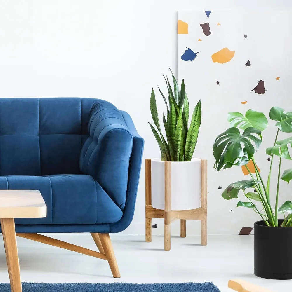 

8 Inch Modern Cylinder Flower Pot with Wood Stand - Indoor Plant Planter for Home Decor, Matte White