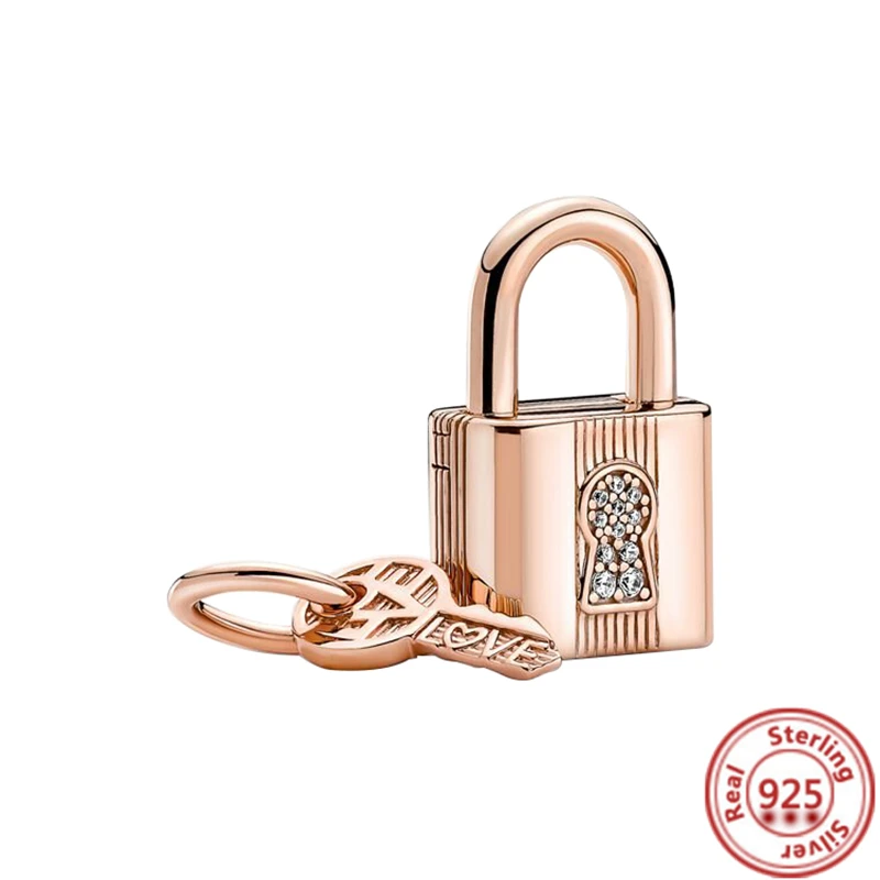 Cadenas et clé en argent regardé 2024 pour femme, breloques pendantes en forme de cœur, perles, convient au bracelet Pandora original 925, bijoux fins, nouveau, 925