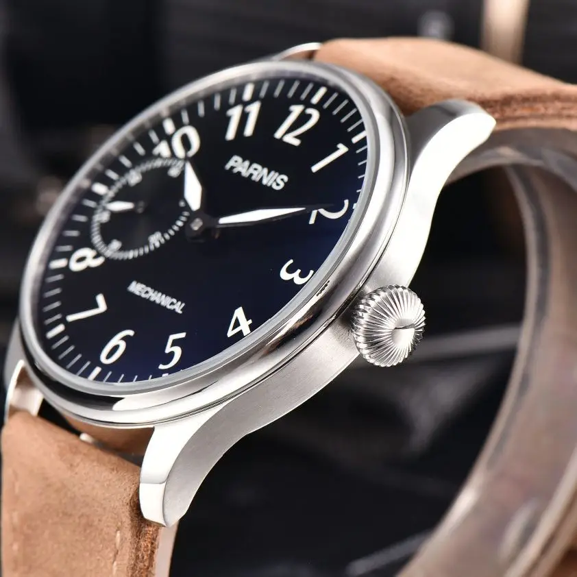 Neue Ankunft Hand Wind Mechanische Uhr Armbanduhr 44mm Parnis Sapphire Leucht Leder Männliche Uhr Mechanische relogio masculino