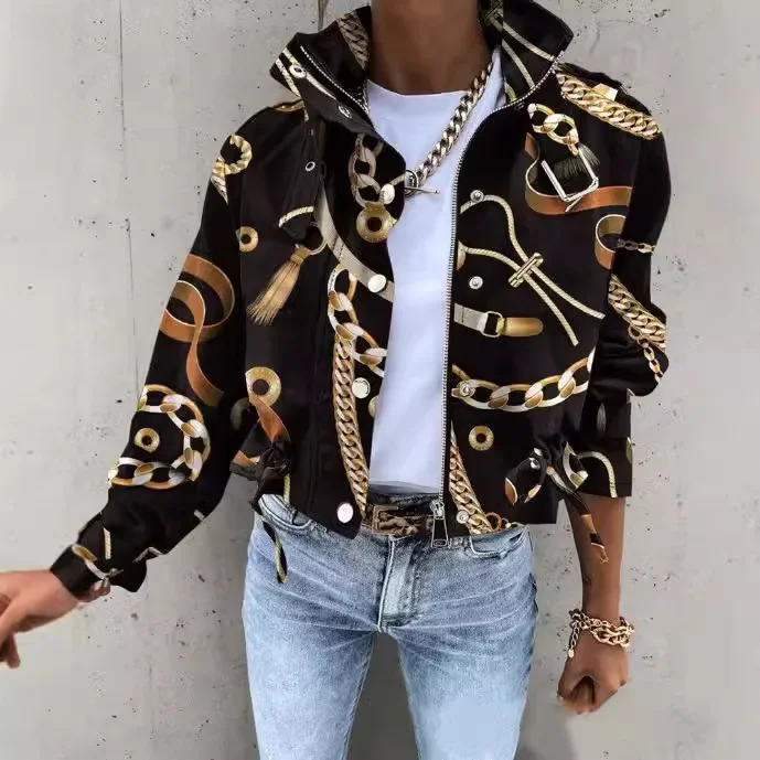Jackets Women Coats Stand Collar Coat Zipper Print Y2k Tops Streetwear Casual Outerwear Single Breasted Spring Work Jacket