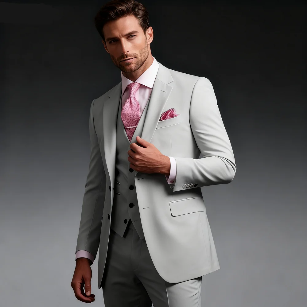 

Men's 3 Piece Pink Slim Fit Tuxedo Suit with Pants And Vest Classic Plain Color Wedding Groom Custom Outfit