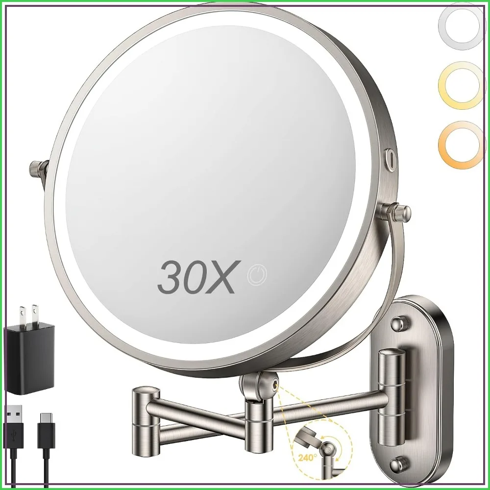 

9" Wall Mounted Lighted Makeup Mirror, 4000mAh Rechargeable, Double Sided 1X/30X Magnification, Touch Dimmable, 360° Rotation Arm, 3 Color Lights
