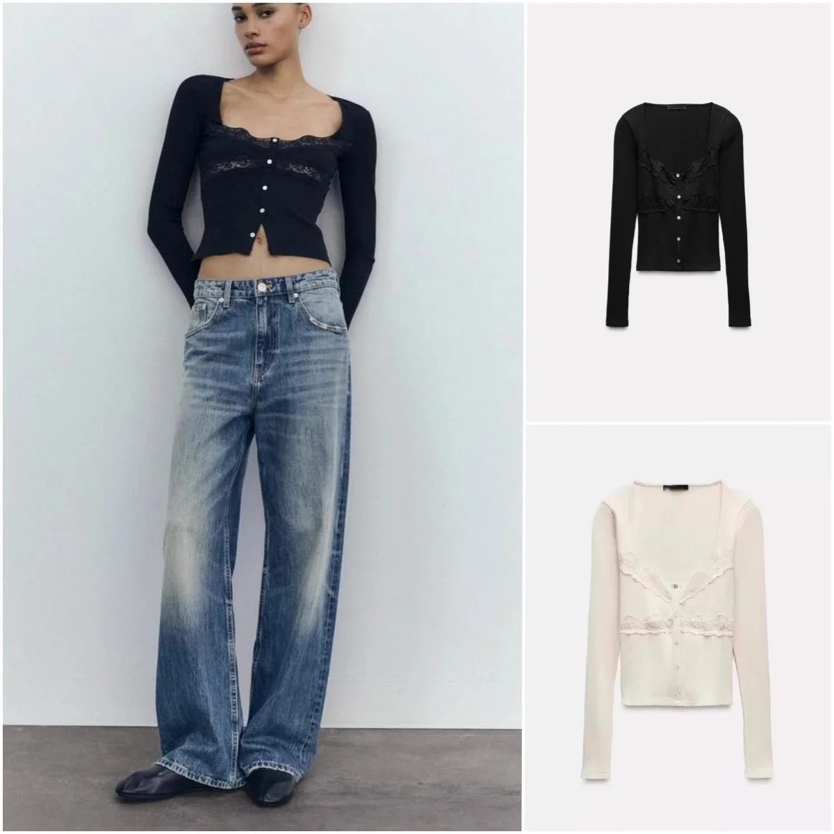 

Autumn Winter Women's Pure Desire Sle Versatile Lace Splicing round Ne Long Sve ort T-irt Top Commute Sle Knitte...