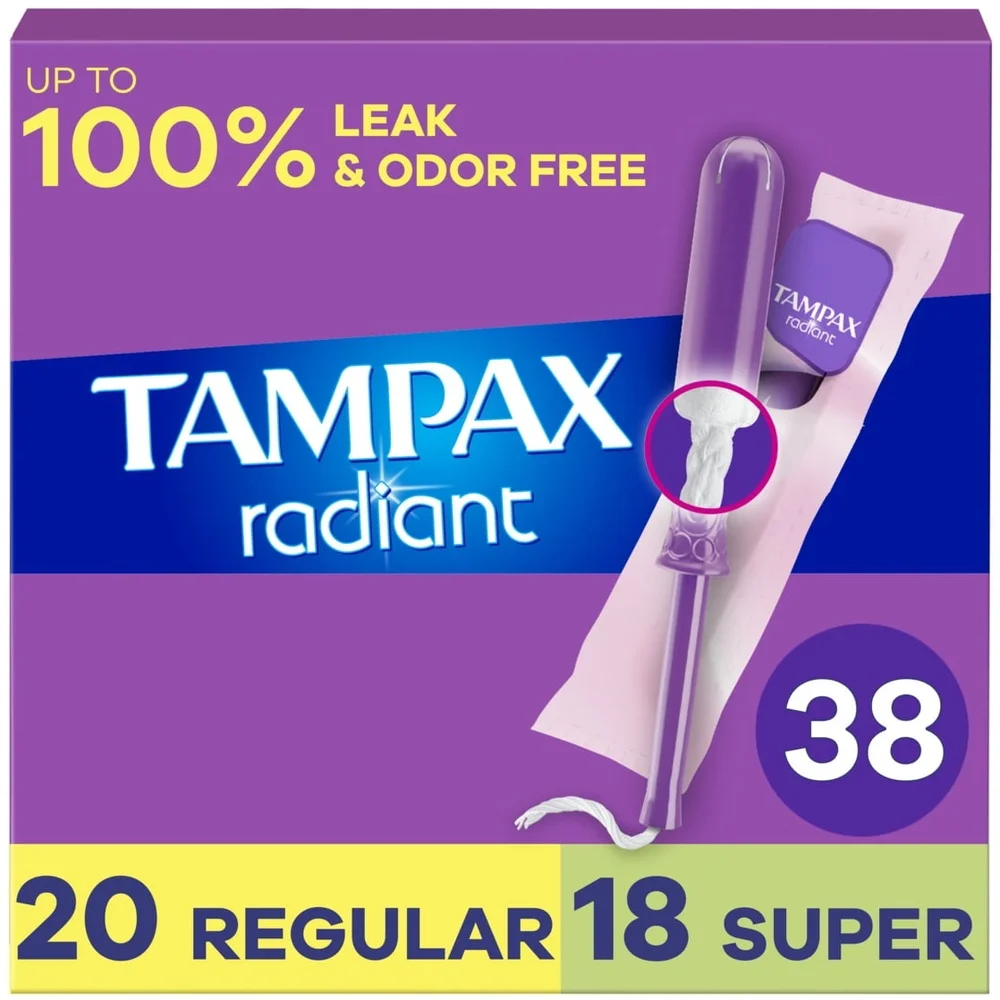 Radiant Tampons Duo Pack LeakGuard Braid Regular Super Absorbency 38 Count Biocompatible Safe Disposal Comfort Grip