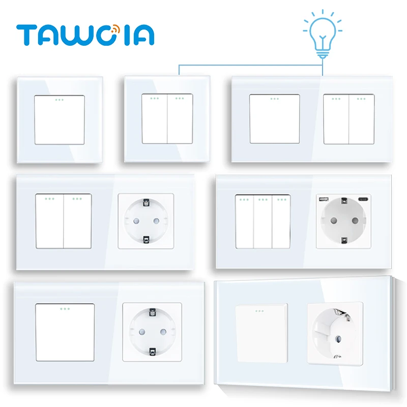TAWOIA 1/2/3 Gang 2Way Stair Wall Switch EU Standard Glass Panel with 20W Type-C USB Charging Socket