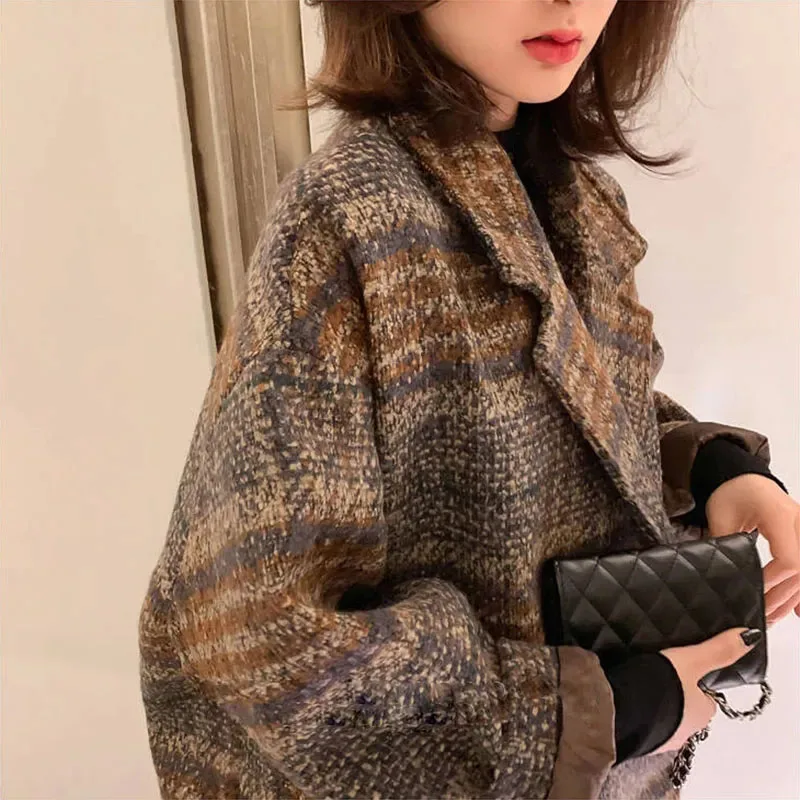 

Women Winter Korean Woolen Plaid Jacket Tweed Vintage Loose Female Coat Slim Double Breasted Lapel Spliced Button Overcoat