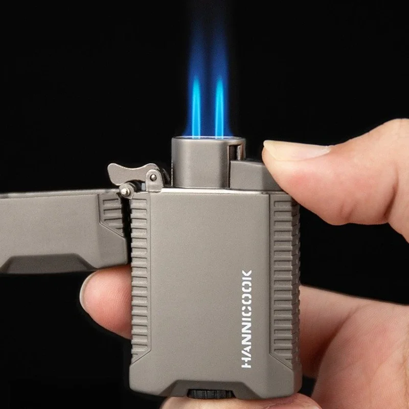 ولاعة جديدة قابلة للنفخ من البيوتان، شعلة مزدوجة مقاومة للرياح لهب أزرق إبداعي ولاعة سيجار بلوري، هدية راقية للرجال