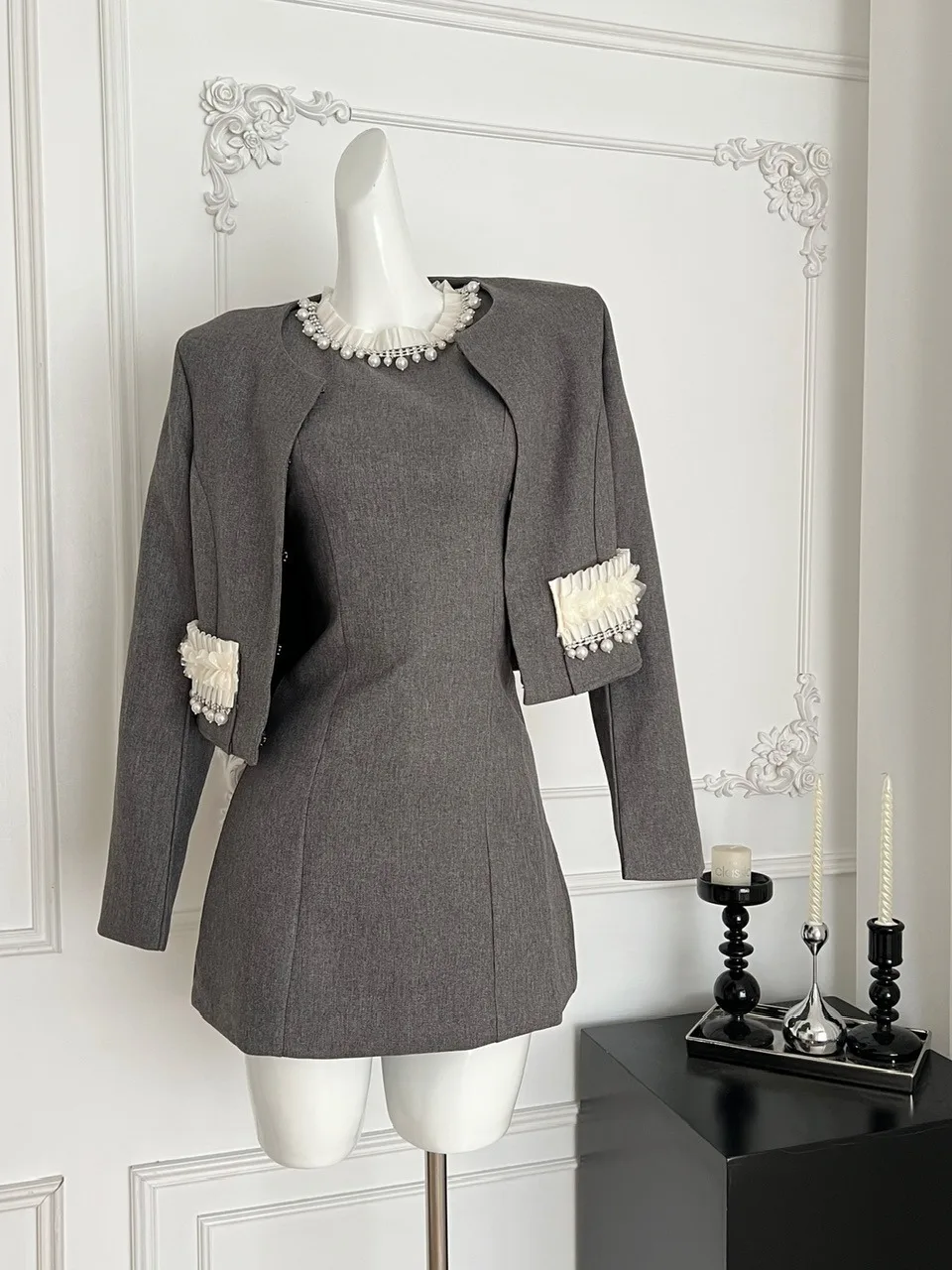   مزين ort Sve Long Sve Jaet and Vest Dr Autumn Faion ملابس نسائية من الخرز الثقيل للعمل الخشبي...