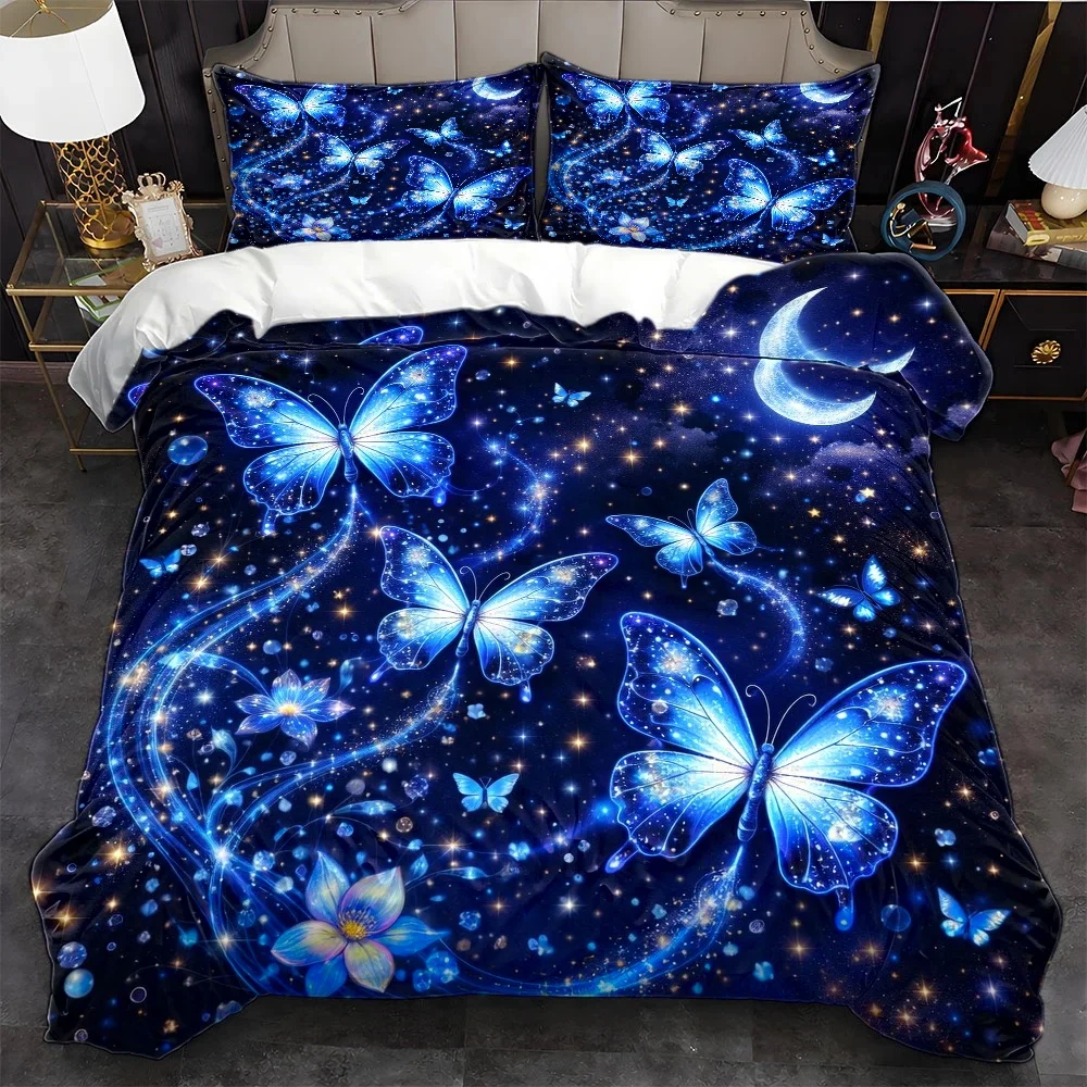 3Pc Dreamy Starry Sky Blue Butterfly Duvet Cover Set, Three-Piece Bedding Set (1 Duvet Cover + 2 Pillowcases), Suitable for All Seasons, Machine Washable, Invisible Zipper Double Bed Cover, Suitable for Home, Dormitory, Master Bedroom, Guest Room, Large Bedding Set, Dazzling Starry Sky Butterfly Print Bedding, Soft and Skin-Friendly Bed Cover Set, Hot-Selling Three-Piece Bedding Set, Starry Sky Theme Duvet Cover Set, High-Quality Bedroom Bedding with 2D Flat Print