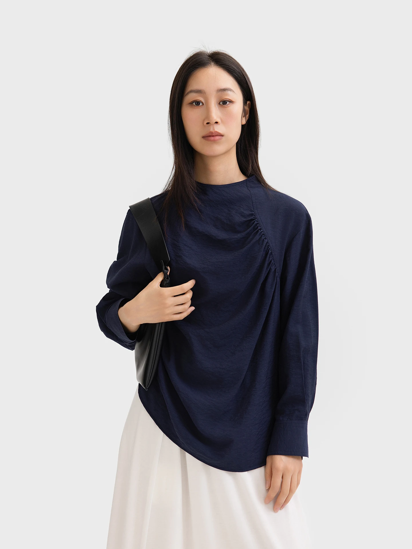 

Cleanfit Cotton Shirt Women's Long Sleeve Half High Collar Zipper Closure Pleated Straight Tube Style Breathable Skin-friendly