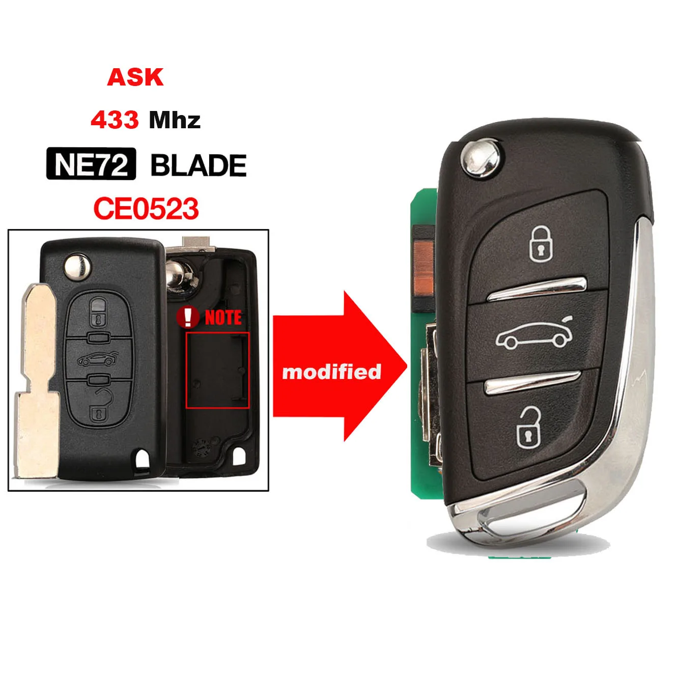 

Jingyuqin 433 МГц ASK дистанционный ключ автомобиля для Peugeot 607 2004-2010 CE0523 433 МГц NE72 лезвие