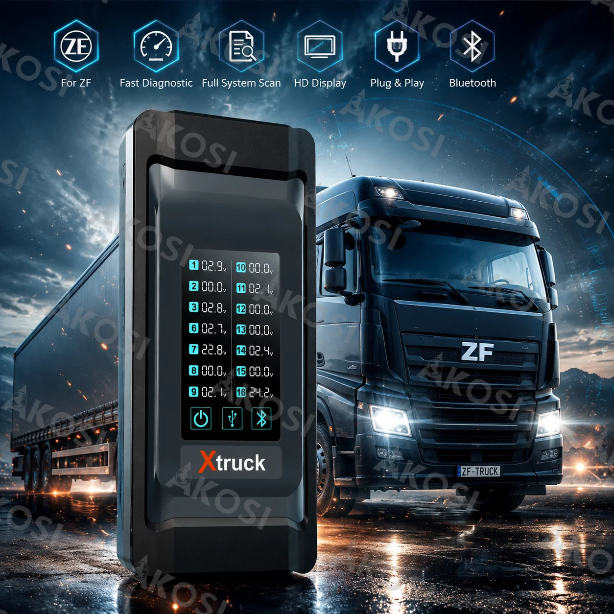 Диагностика шасси тяжелых грузовиков Xtruck для ZF, Eaton, Sinotruck: чтение кодов AMT, AT, TCU, ABS, EBS, ADAS и автоматическое обнаружение неисправностей.