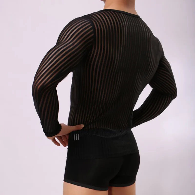 Mens Stripe Undershirt Breathable Slim Mesh Tees Shirt See Through Sheer Long Sleeves T Shirts Sexy Transparent Shirt Underwear