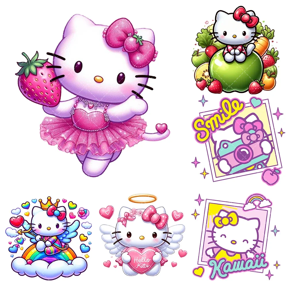 Sanrio Hello Kitty Iron On Heat Transfer Stickers For Clothes Jeans Dtf Pinted Vinyl Thermal Appliques Washable T-shirt Decal