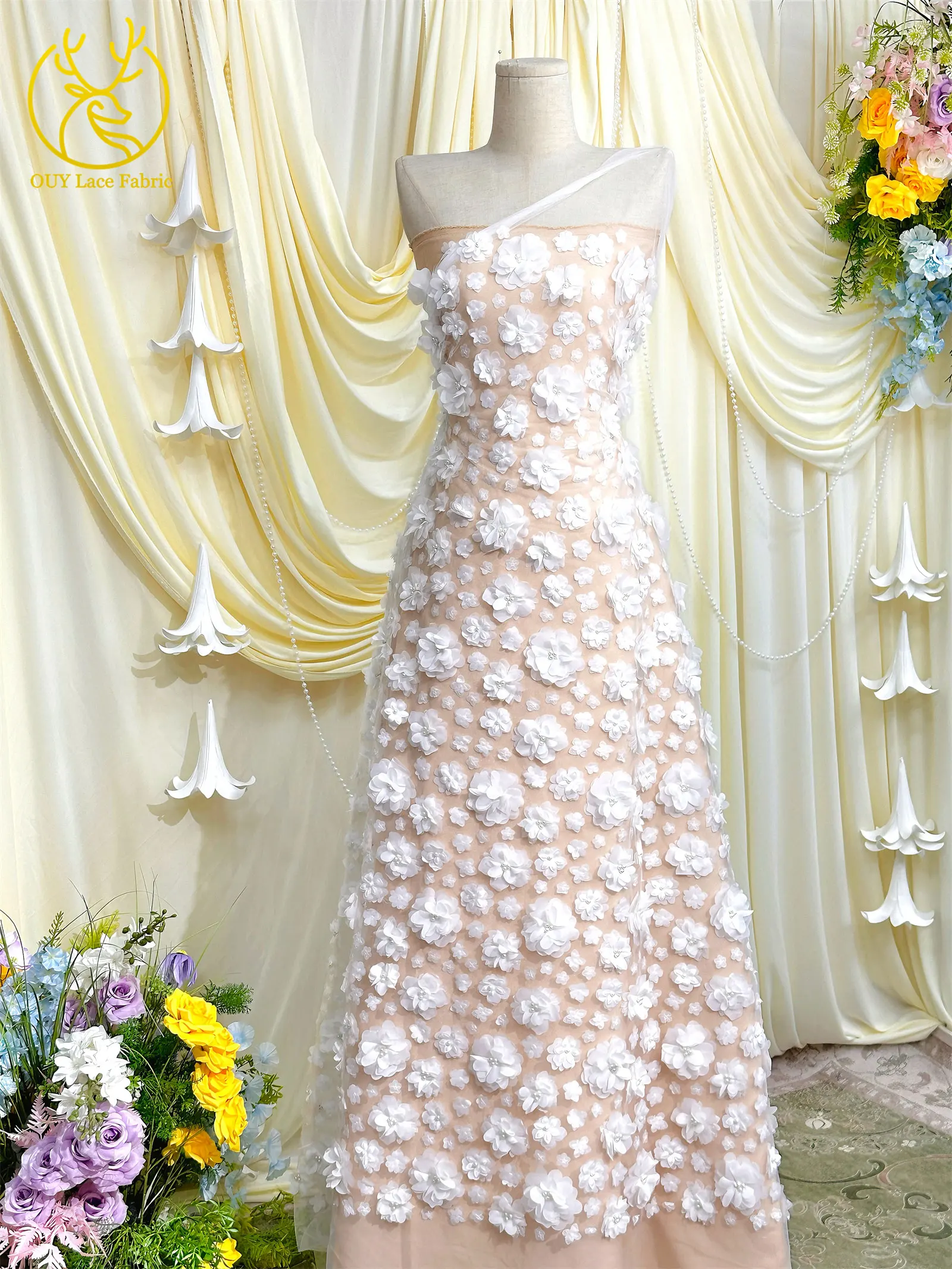 3D Französische Blumenperlen-Spitze 2026 Afrikanische Pailletten-Spitze Nigerianischer Tüll-Netzstoff für Hochzeitskleider 5 Yards – Detail 7