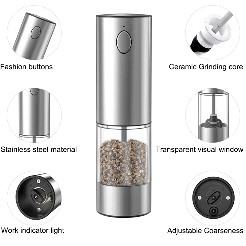 Electric Pepper Grinder Automatic Salt And Pepper Grinder USB Rechargeable Adjustable Coarseness Spice Mill Kitchen Gadget Tools