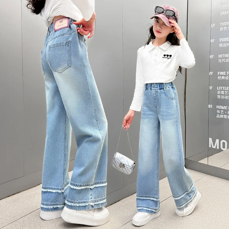 

4-14 Years Spring Autumn Girls Jeans with dual tassels Long Denim Pants For Kids Children Outdoor Wear Straight Trousers