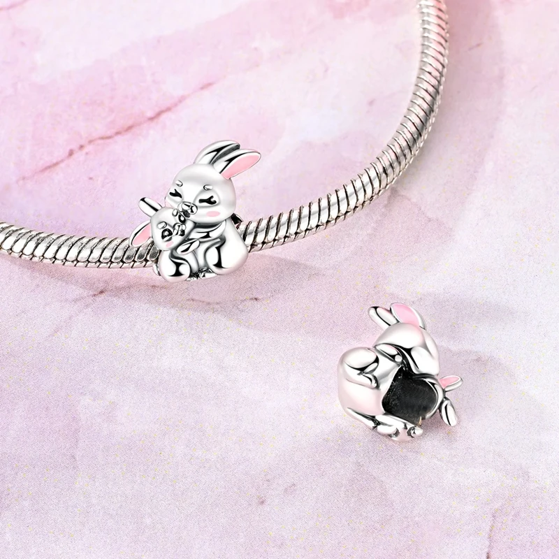 925 Sterling Silver Charms Bead CZ Zircon Rabbit Hug Dangle Fit Original Bracelet DIY Women Jewelry