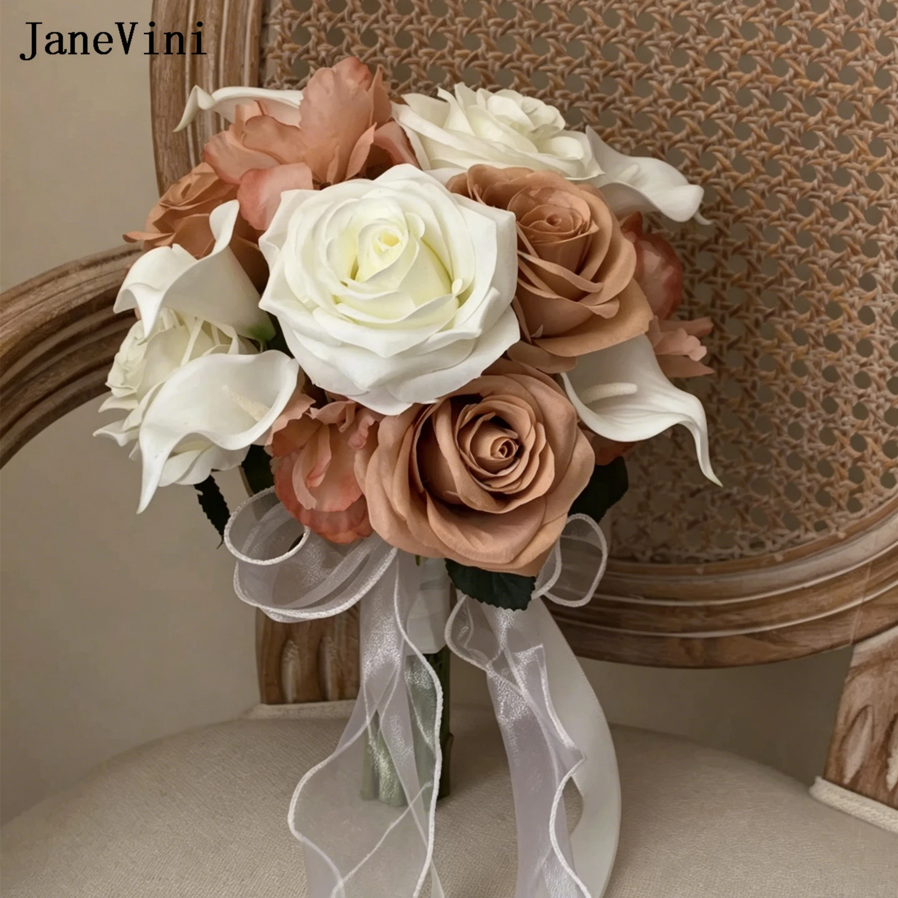 

JaneVini Brown Bride Bridesmaid Bouquets Silk Roses Calla Lily Artificial Silk Flowers with Organza Ribbon Wedding Fake Bouquet