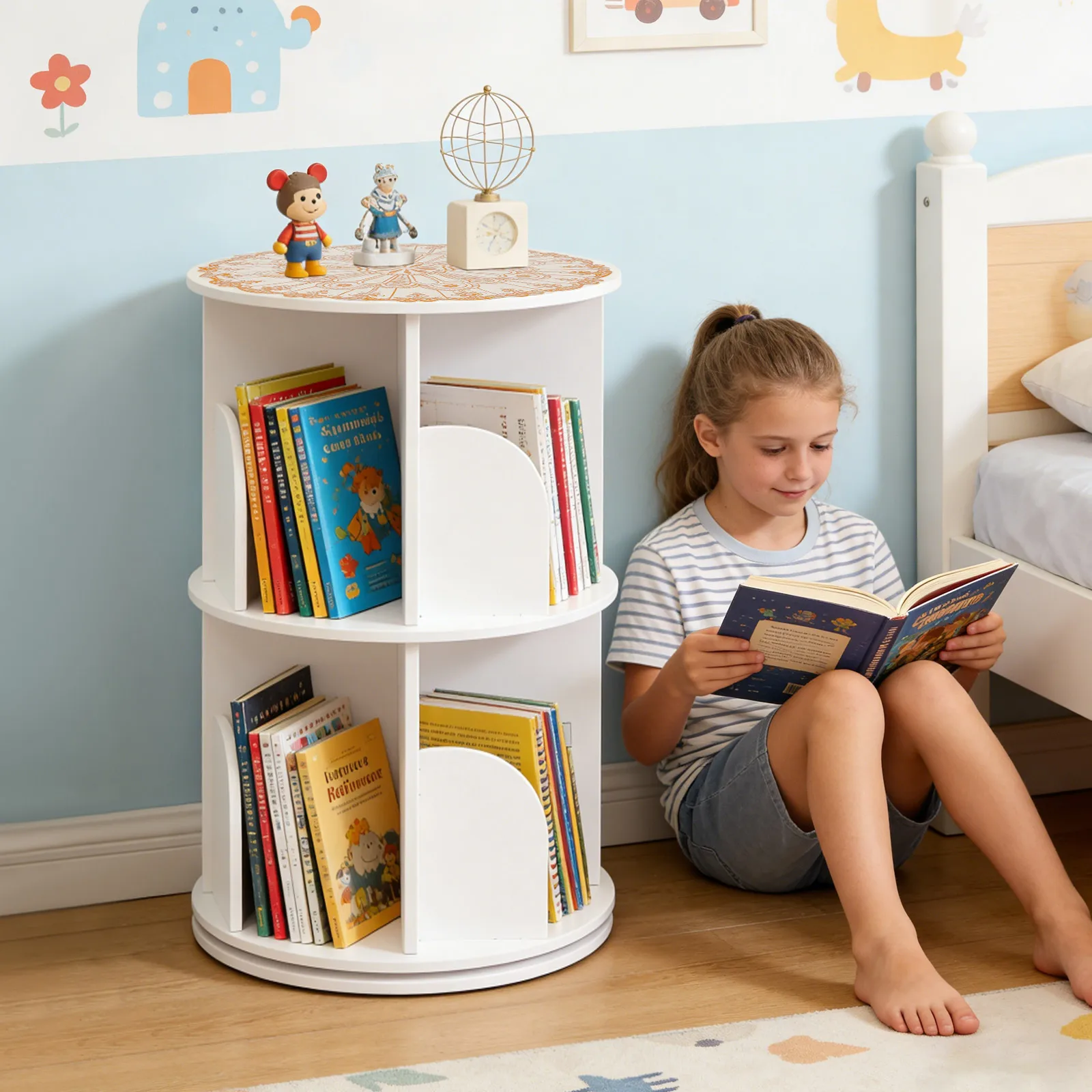 Étagère rotative ronde à 2 niveaux, autoportante, en alliage de PVC 360 °   Bibliothèque tournante avec 8 compartiments de rangement, capacité de charge de 60 kg, étagère de présentation pour livres, poupées, plantes, artisanat, chambre, bureau