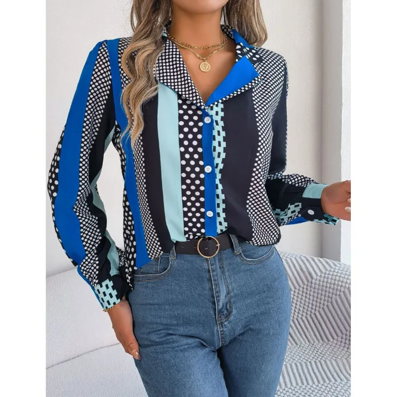 Women's Elegant Work Casual Shirt Commuting Contrasting Color Wave Dot Suit Collar Long Sleeved Shirt Office Temperament Shirt