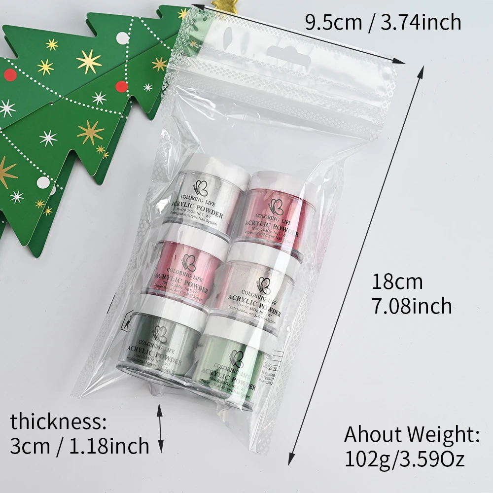 6 frascos de polvo acrílico navideño con lentejuelas brillantes para uñas, polímero de polvo acrílico para extensión de uñas/tallado/polvo de inmersión