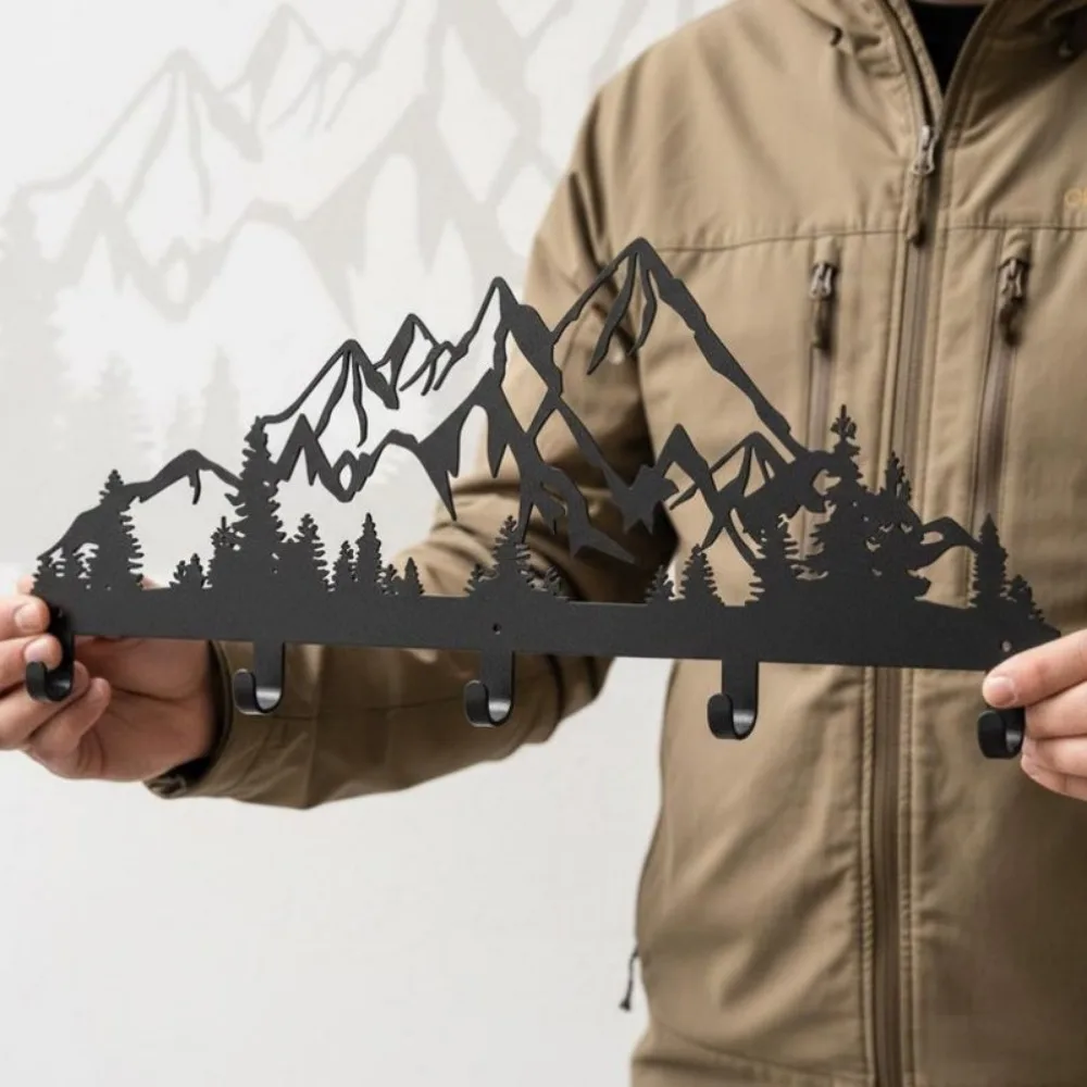 Metal Mountain Coat Rack, Rustic Wall Hook with 5 Hooks, Heavy Duty Entryway Storage for Coats Hats Bags, Woodland Cab