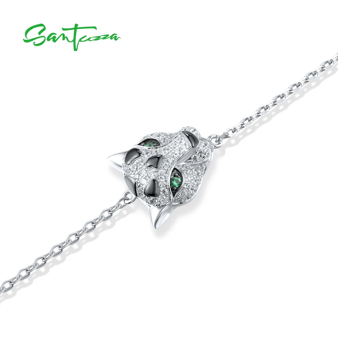 SANTUZZA Genuine 925 Sterling Silver Bracelet For Women Leopard Panther Green Spinel White Zirconia Adjustable Cute Fine Jewelry