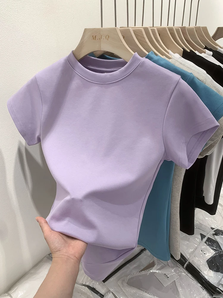 Retro American  Color Short Sleeve Women's T-shirt Summer Slimming Body T-shirt Shoulder Width Basic Tight Pure Cotton Top