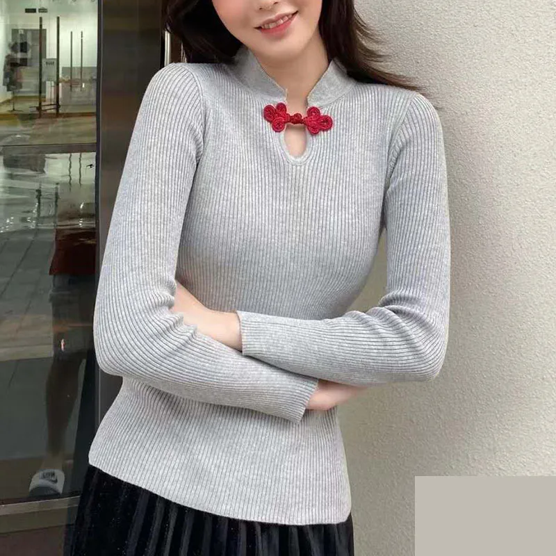 

Long Sleeve Top Chinese Style Clothes Women Sweater Knitted Pullover Contrast Color Top 2022 Autumn Winter White Slim Sweaters