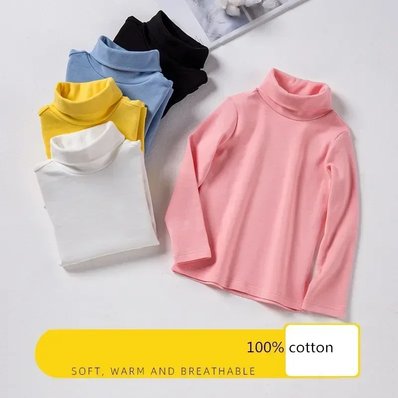 Winter Baby Girls Tshirt Long-sleeved Turtleneck Thicken 100% Cotton Solid Bottoming Shirt Cotton Children\'s Casual T-shirt 10Y