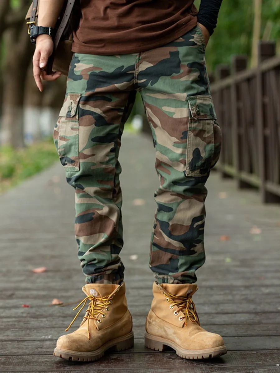

Retro American Sle Pure Cotton Camouflage Work Pants Men's Loose Multi-ket Casual Trousers Autumn Seasonal Wear