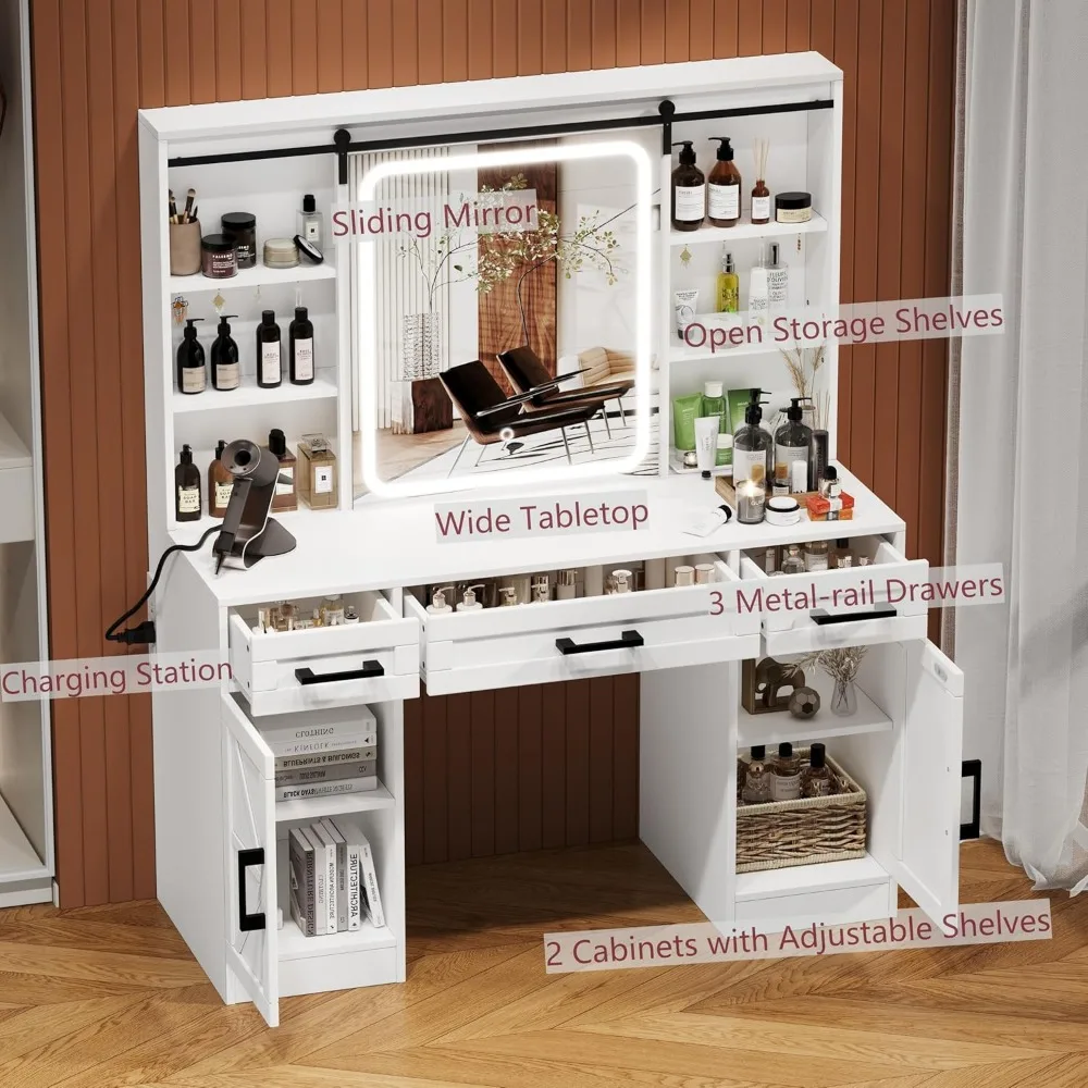 Farmhouse Makeup Vanity Desk with Sliding Mirror & Charging Station, Vanity Table with Lights & Hidden Storage Shelves