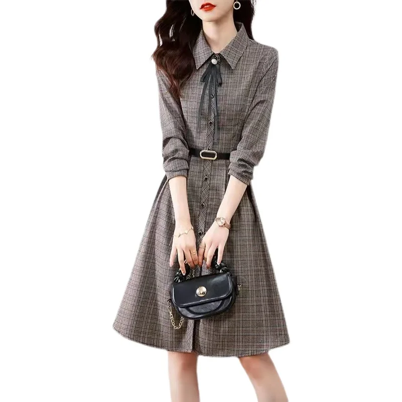 Spring Autumn New Fashion Gingham Women Temperament Polo Single Breasted Long Sleeve Slim Midi Dress Exquisite Office Lady Dress