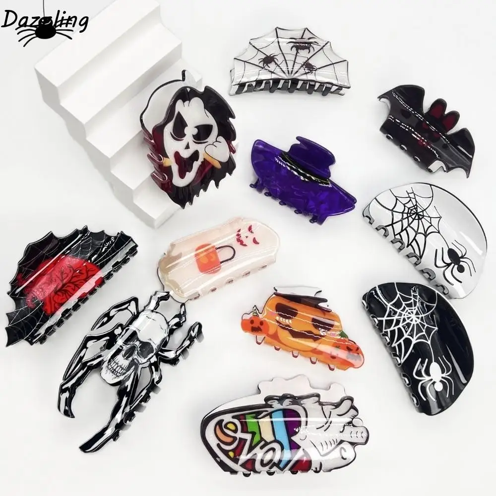 

Acrylic Witch Hat Halloween Hair Claw Skeleton Heart Pumpkin Hairpin Spider Web Bat Ghost Hair Clip Festival Accessories
