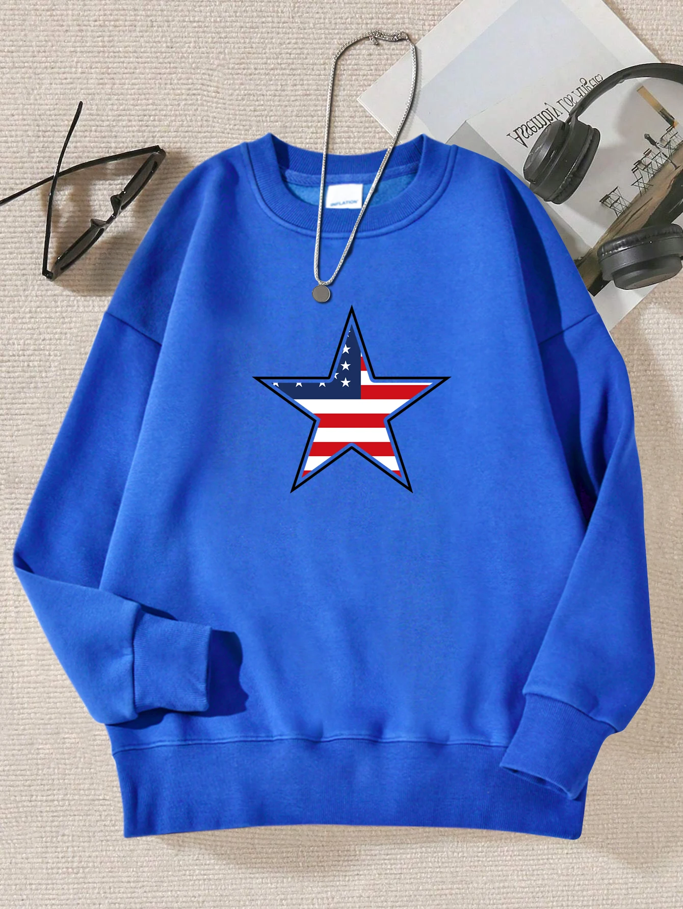 American Style Stars Print Women Sweatshirt Fashion O-Neck Pullovers Autumn Multicolor Streetwear Unisex Fleece Soft Clothes