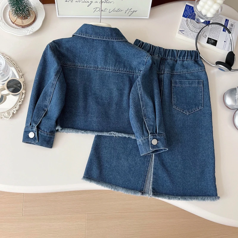 Girls' Denim Suit Spring and Autumn New Korean Version of Girls' Denim Single-breasted Top + Long Skirt Casual Denim Suit