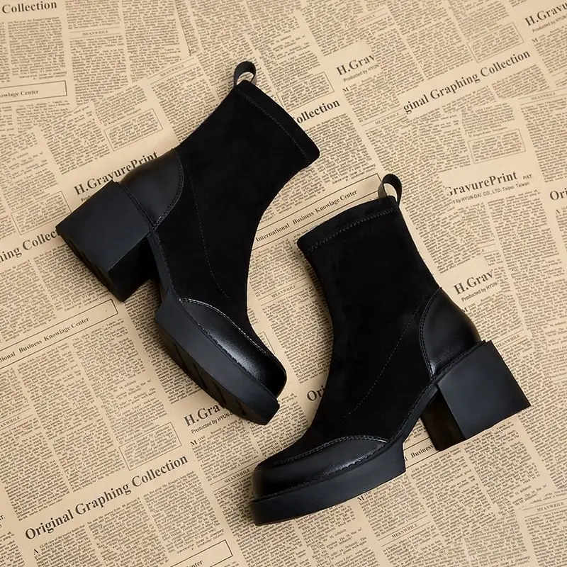 Short Shoes for Woman Black Women\'s Ankle Boots Sock Footwear Combat Booties Very High Heels Suede Punk Style Heeled Autumn Boot