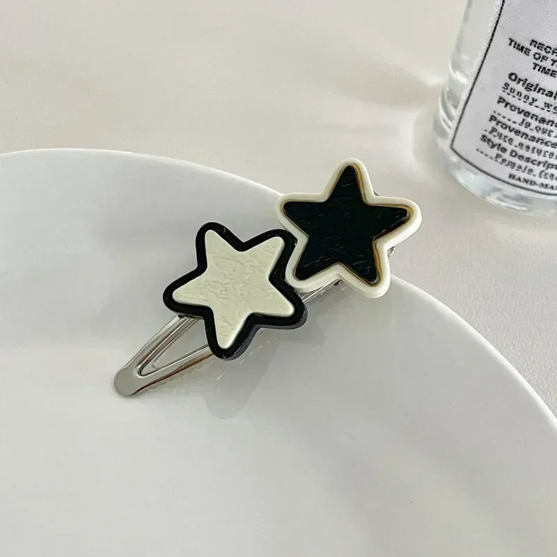 Two Stars Hair Clip Sweet Girls Y2K Hairpins Women Forehead Broken Side Clips Makeup Hair Accessories Headdress Clip Black White