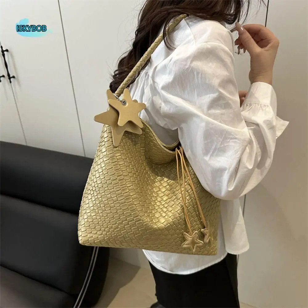 

Simple Star Pendant Weave Tote Bag Bucket Bag Large Capacity Pu Handbag Korean Underarm Bag Silver Shoulder Bag Students