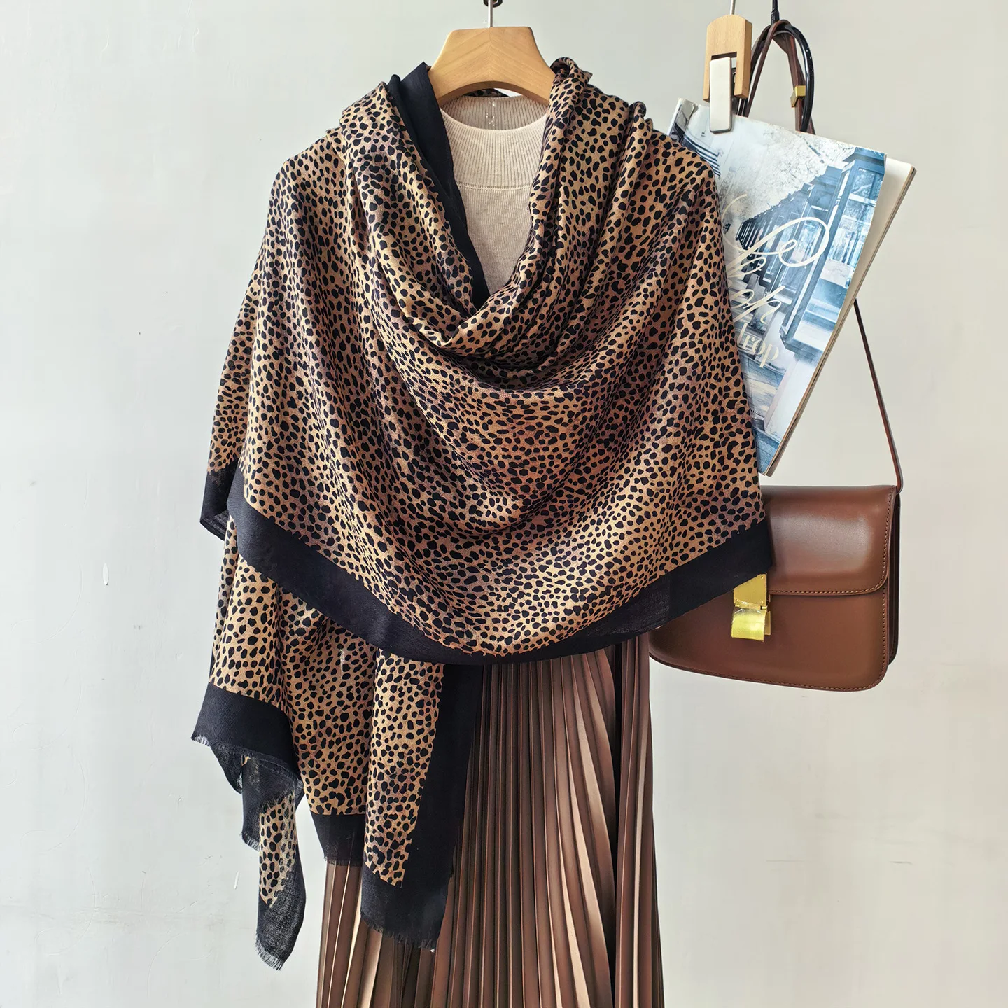 Womens Oversized 100% Wool Square Shawl Small Leopard Spot Print Scarf With Black Border Soft Fringe Shoulder Wrap Accessory